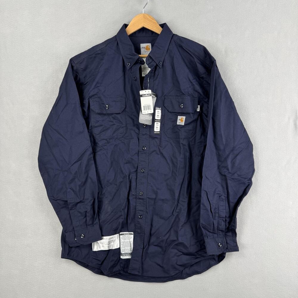 Carhartt FR Shirt Mens XLT Navy Flame Resistant Twill Long Sleeve Button-Up
